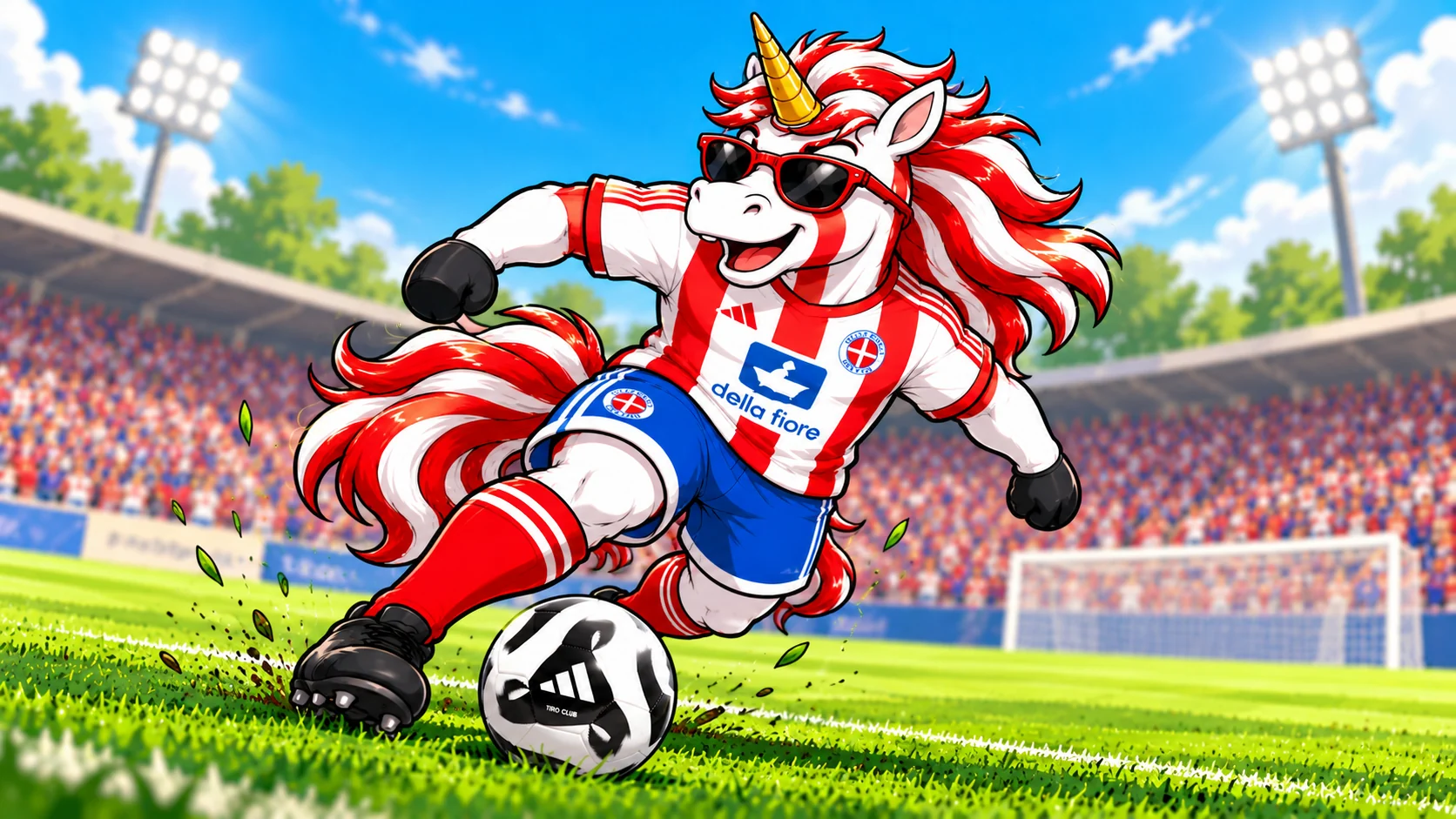La mascotte unicorno dell'Accademia Pavese in conduzione di palla allo stadio