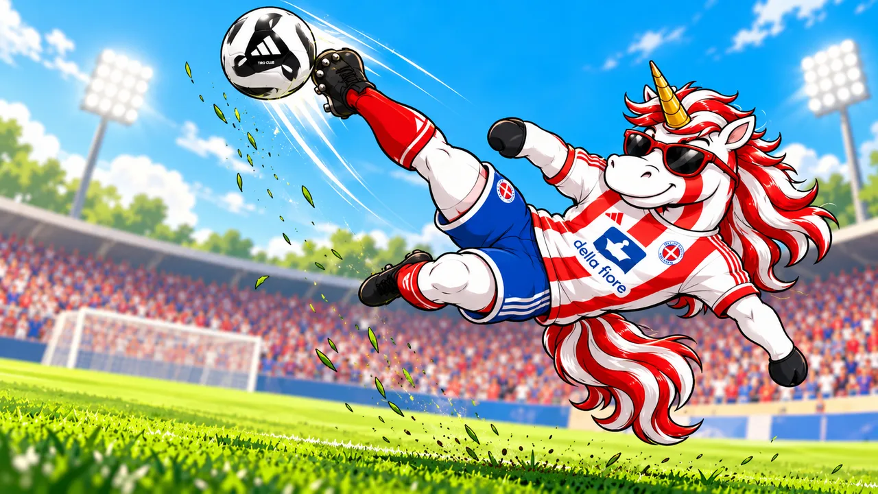 La mascotte unicorno dell'Accademia Pavese in rovesciata allo stadio